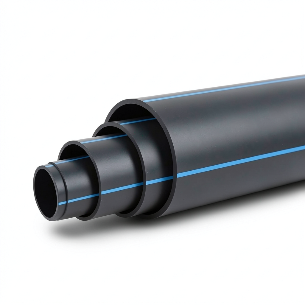HDPE Plastic Pipe PN 8 Bar PE 80 OD 355 mm SDR 17 Black with Blue Stripes