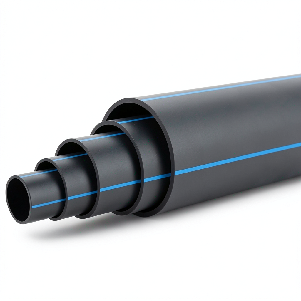 HDPE Polyethylene Pipe Pressure 12.5 Bar PE 100 Size 280 mm SDR 13.6 Black Blue Stripes