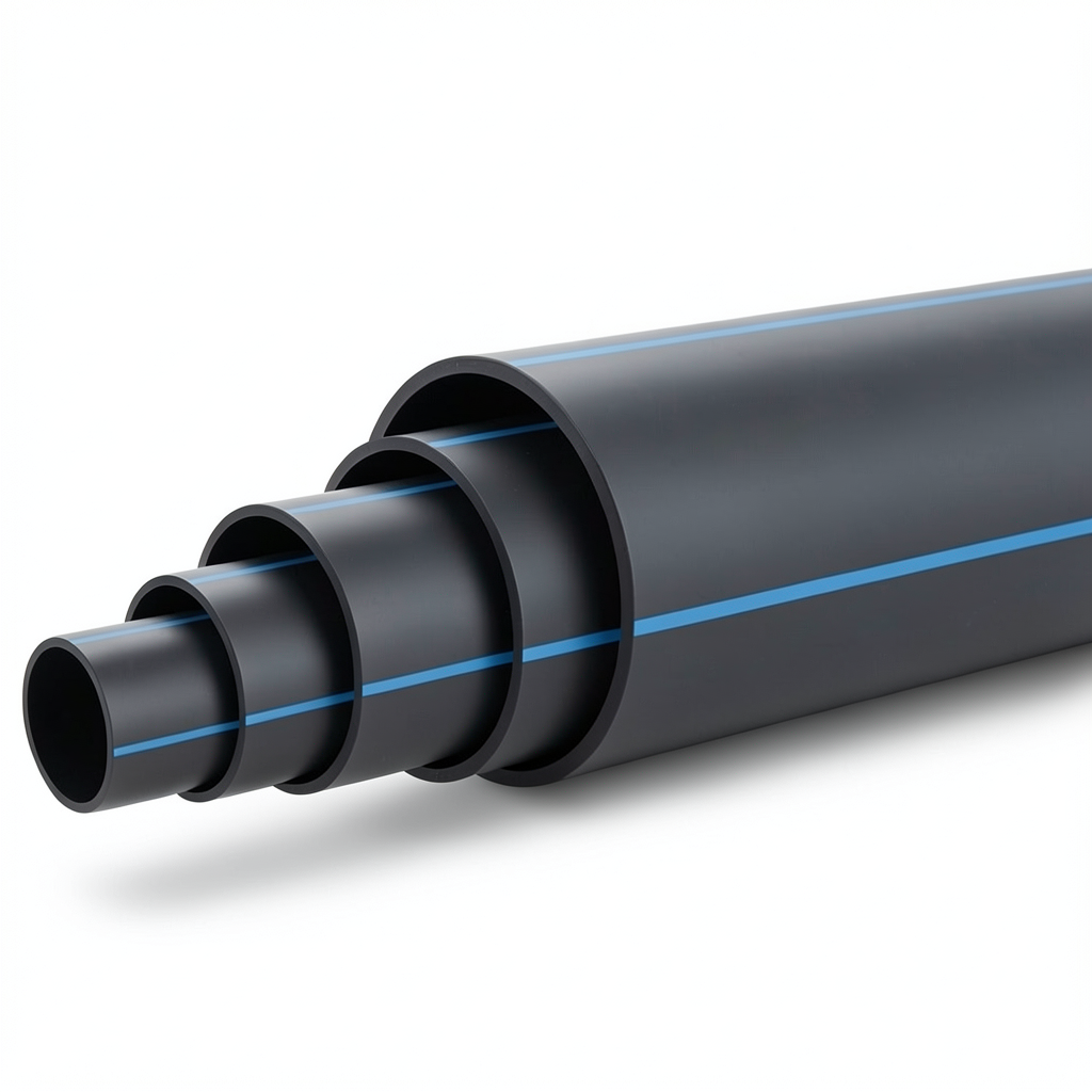 HDPE Polyethylene Pipe Pressure 12.5 Bar PE 100 Size 280 mm SDR 13.6 Black Blue Stripes