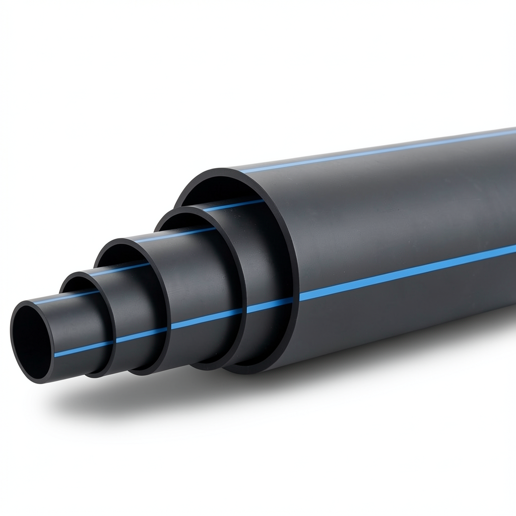 HDPE Plastic Pipe PN 12.5 Bar PE 80, 250 mm Diameter SDR 11 Black with Blue Stripes