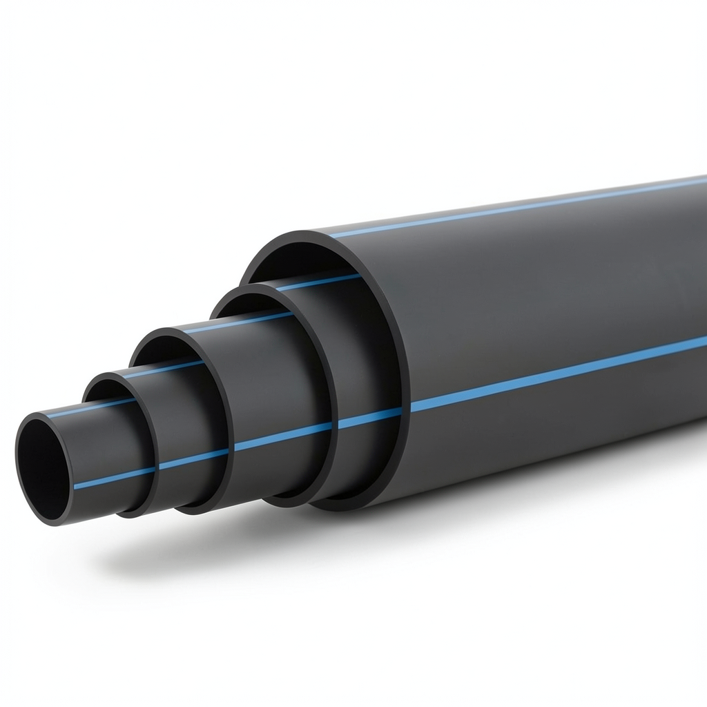 أنابيب بلاستيك HDPE ضغط 16 بار PE 100 قطر خارجي 355 مم SDR 11 أسود مع خطوط زرقاء