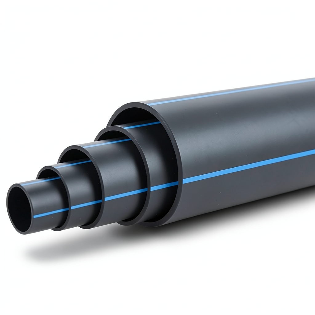 HDPE Pipe 20 Bar Pressure PE 100 Outer Diameter 180 mm SDR 9 Black with Blue Stripes