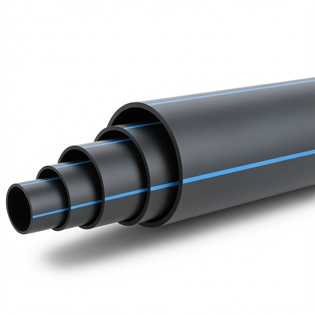 HDPE Polyethylene Pipe 16 Bar Pressure PE 80, 280 mm Diameter SDR 9 Black with Blue Stripes