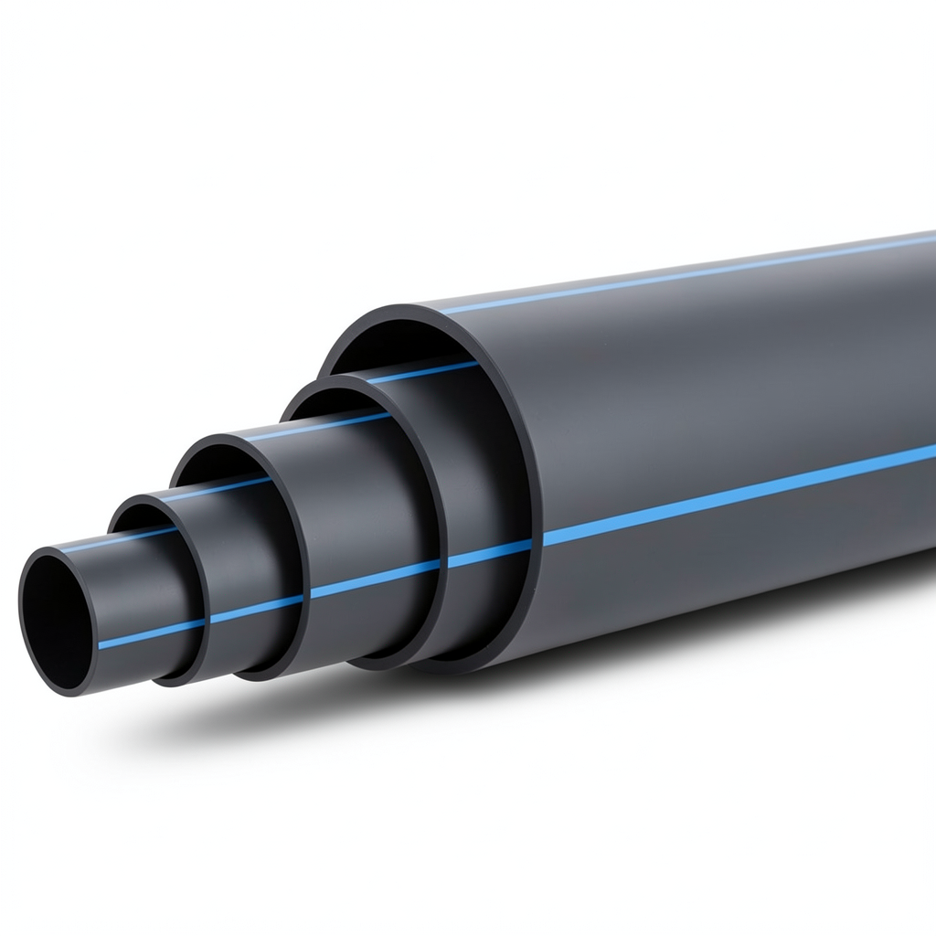 مواسير HDPE ضغط اسمي 16 بار PE 80 قطر خارجي 450 مم SDR 9 لون أسود مع خطوط زرقاء