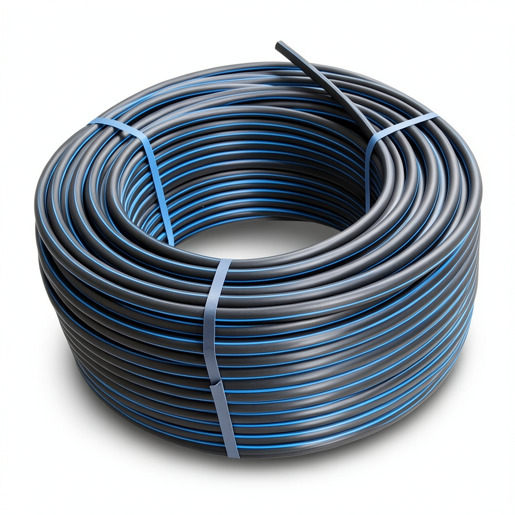 HDPE Plastic Coil Pipe PN 12.5 Bar PE 100 OD 25 mm SDR 13.6 Black with Blue Stripes
