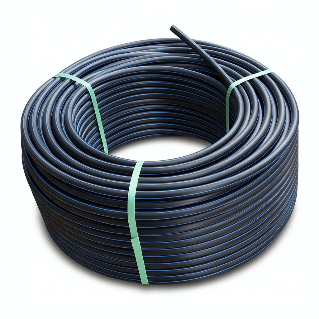 لفة أنابيب HDPE ضغط 12.5 بار PE 100 قطر خارجي 32 مم SDR 13.6 لون أسود مع خط أزرق