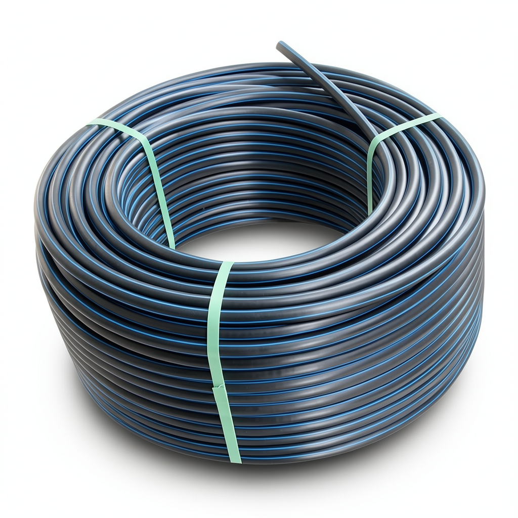 لفة أنابيب بلاستيك HDPE ضغط 12.5 بار PE 100 قطر خارجي 50 مم SDR 13.6 أسود مع خط أزرق