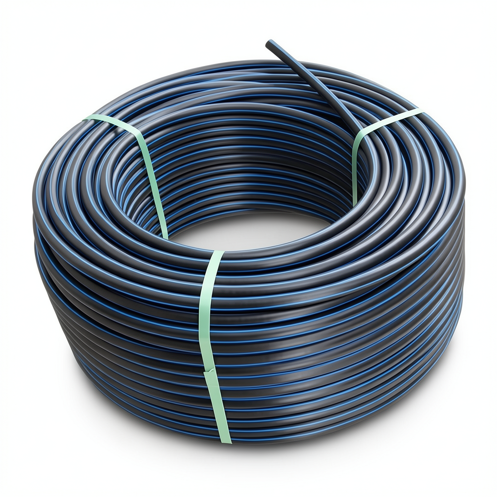 HDPE Plastic Coil Pipe Nominal Pressure 12.5 Bar PE 100, 160 mm SDR 13.6 Black with Blue Stripes