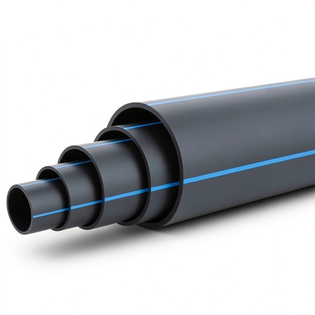 HDPE Plastic Pipe PN 12.5 Bar PE 100 Outside Diameter 180 mm SDR 13.6 Black with Blue Stripes