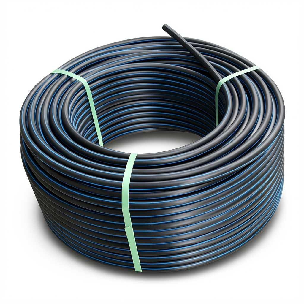 HDPE Plastic Coil Pipe Nominal Pressure 4 Bar PE 100 OD 160 mm SDR 41 Black with Blue Stripes