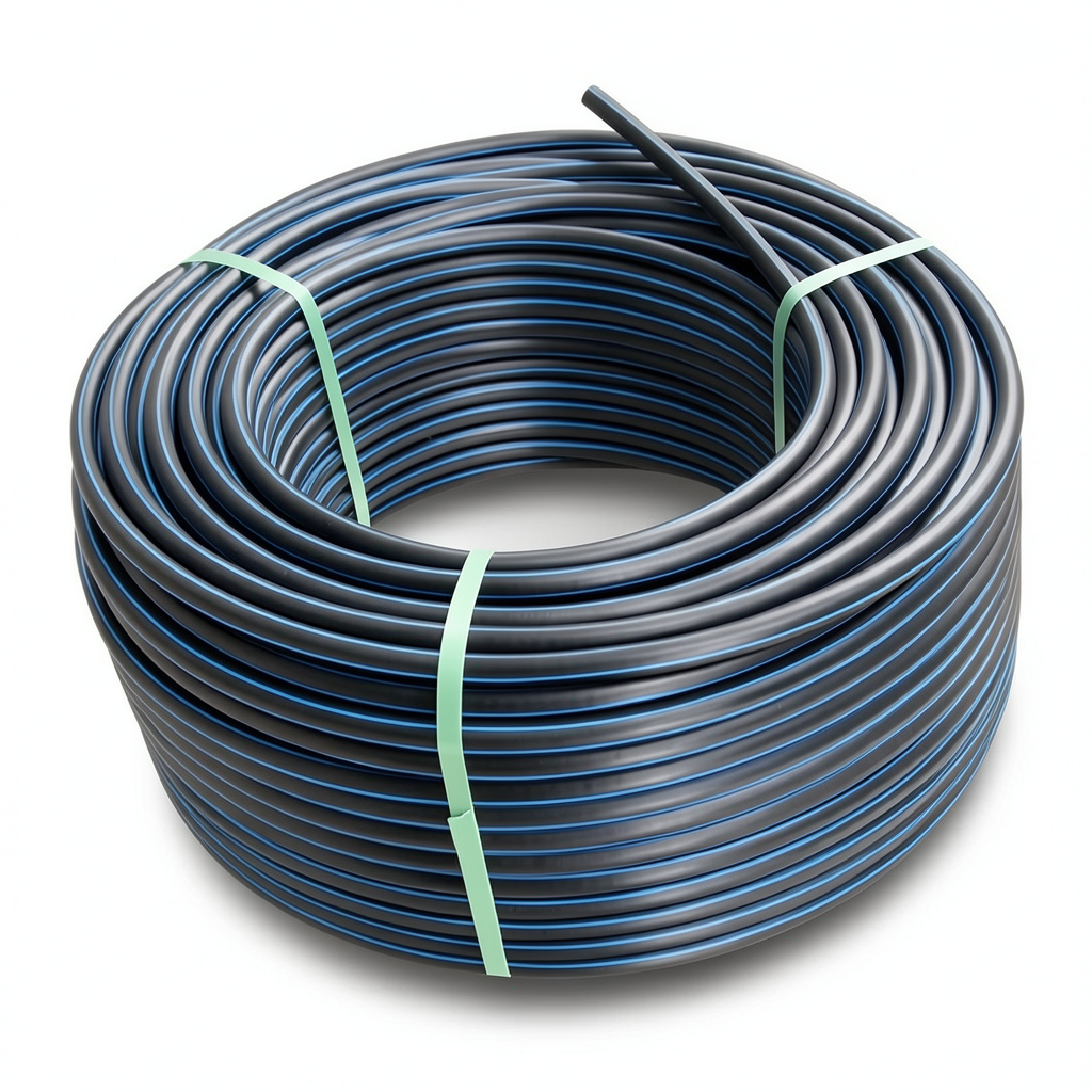 HDPE Coil Pipe Nominal Pressure 6.3 Bar PE 100 OD 50 mm SDR 26 Black with Blue Stripes