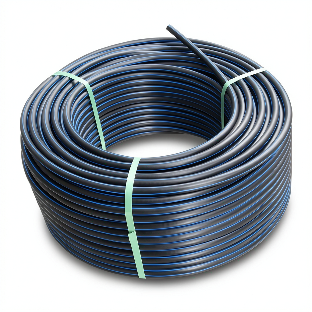 HDPE Plastic Coil Pipe 6.3 Bar Pressure PE 100 Outer Diameter 75 mm SDR 26 Black with Blue Stripes