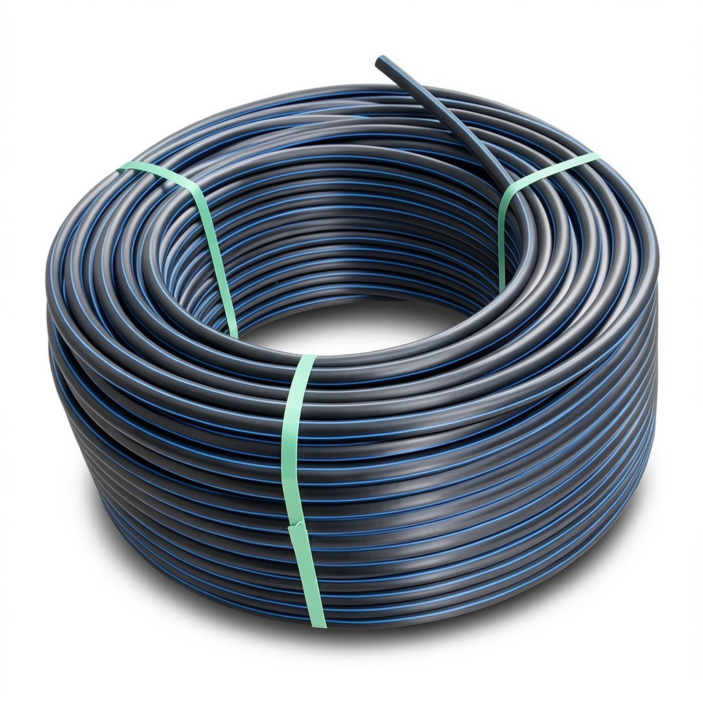 لفة أنابيب HDPE ضغط 6.3 بار PE 100 قطر خارجي 50 مم SDR 26 أسود مع خط أزرق