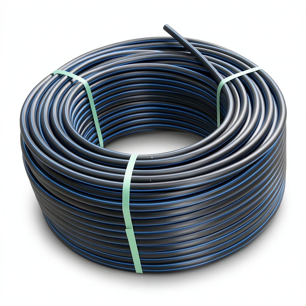 لفة أنابيب بلاستيك HDPE ضغط 6.3 بار PE 100 قطر خارجي 75 مم SDR 26 لون أسود مع خط أزرق