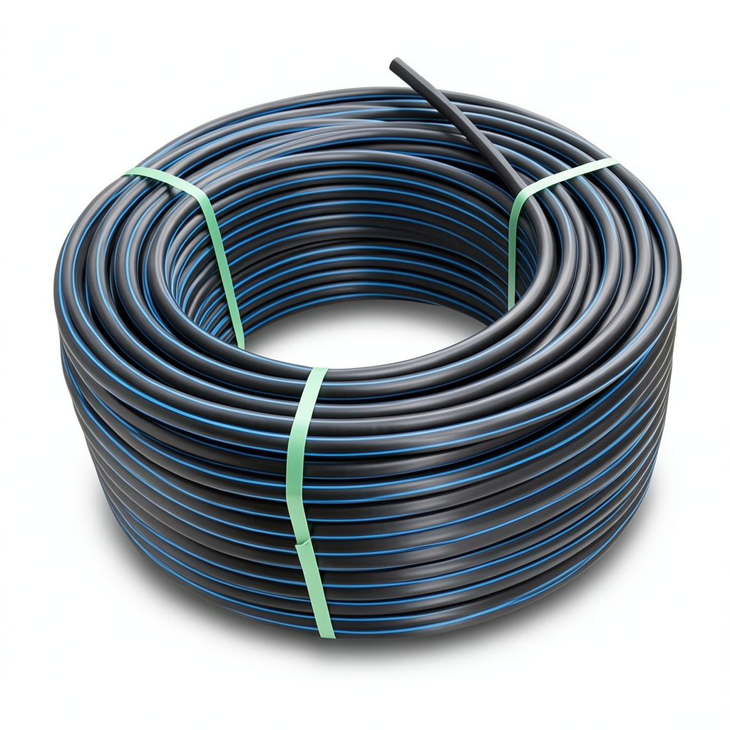 HDPE Plastic Coil Pipe PN 6.3 Bar PE 100, 140 mm Diameter SDR 26 Black with Blue Stripes