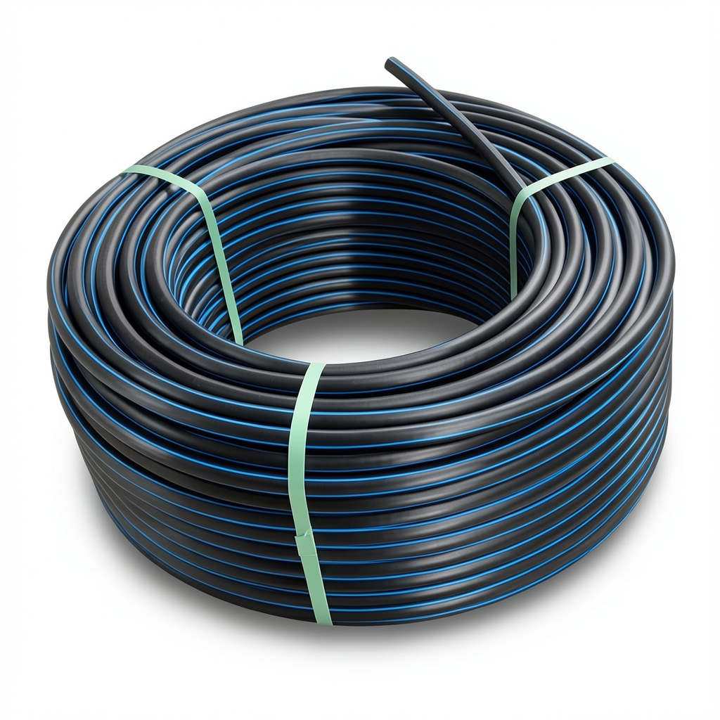 HDPE Polyethylene Plastic Coil Pipe 6.3 Bar Pressure PE 100, 160 mm OD, SDR 26 Black with Blue Stripes