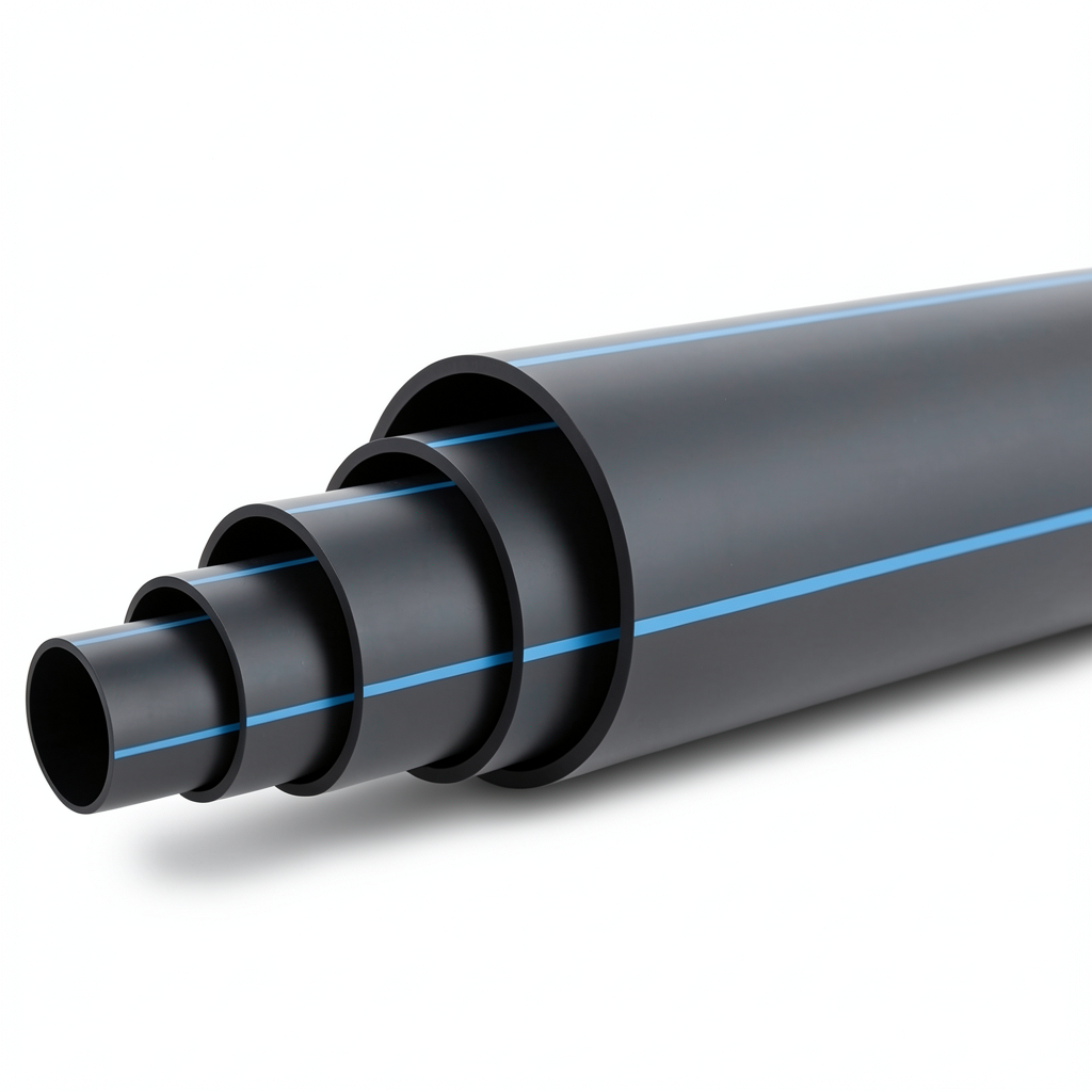 HDPE Polyethylene Pipe PN 12.5 Bar PE 100, 315 mm SDR 13.6 Black with Blue Stripes