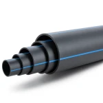 أنابيب HDPE ضغط اسمي 12.5 بار، قطر خارجي 280 مم، SDR 13.6، أسود مع خطوط زرقاء