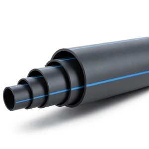 أنابيب HDPE ضغط اسمي 12.5 بار، قطر خارجي 280 مم، SDR 13.6، أسود مع خطوط زرقاء