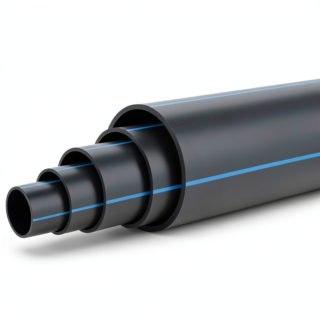 HDPE Plastic Pipe Pressure 4 Bar PE 100 Size OD 280 mm SDR 41 Black with Blue Stripes