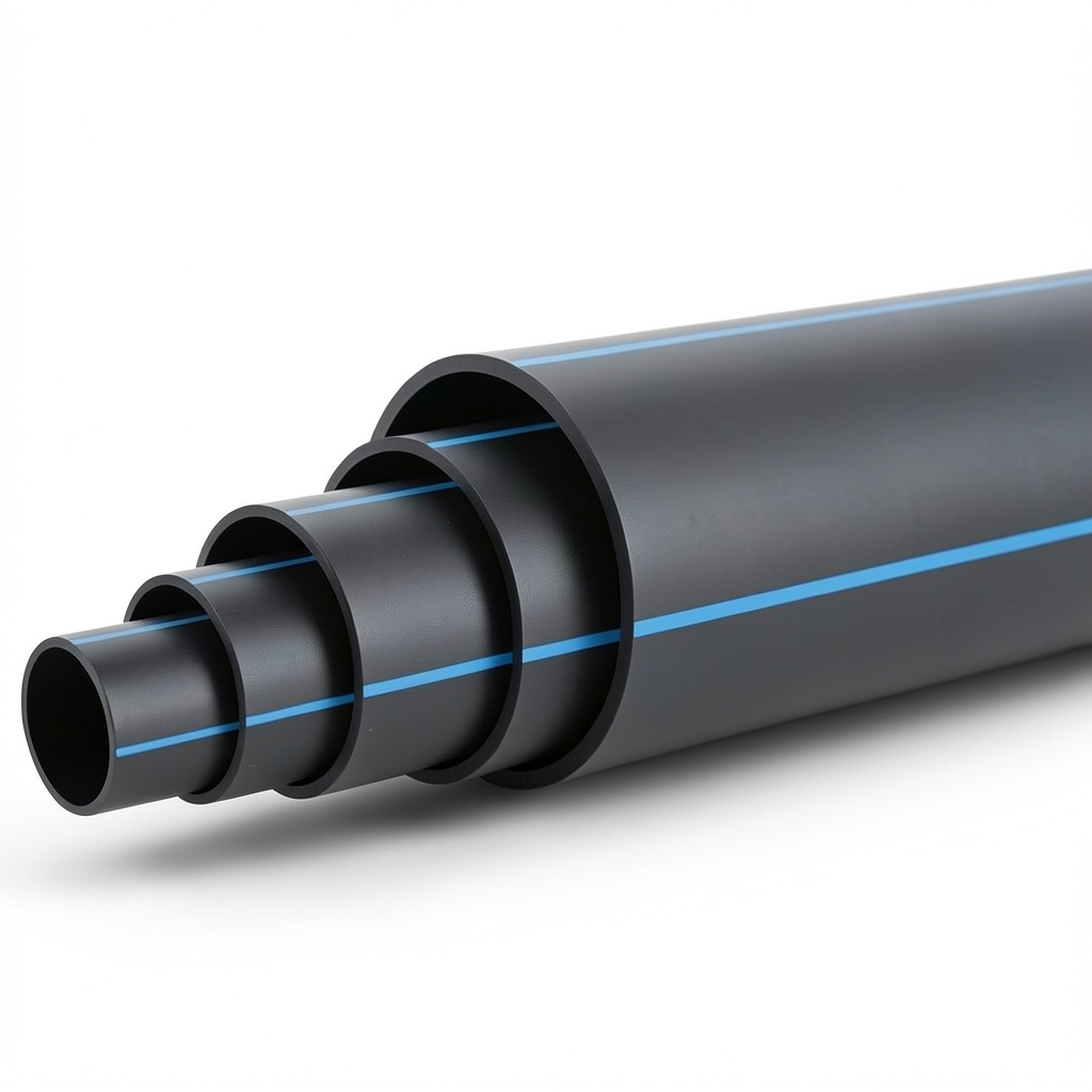 HDPE Polyethylene Plastic Pipe PN 4 Bar PE 100, 355 mm Diameter, SDR 41 Black with Blue Stripes