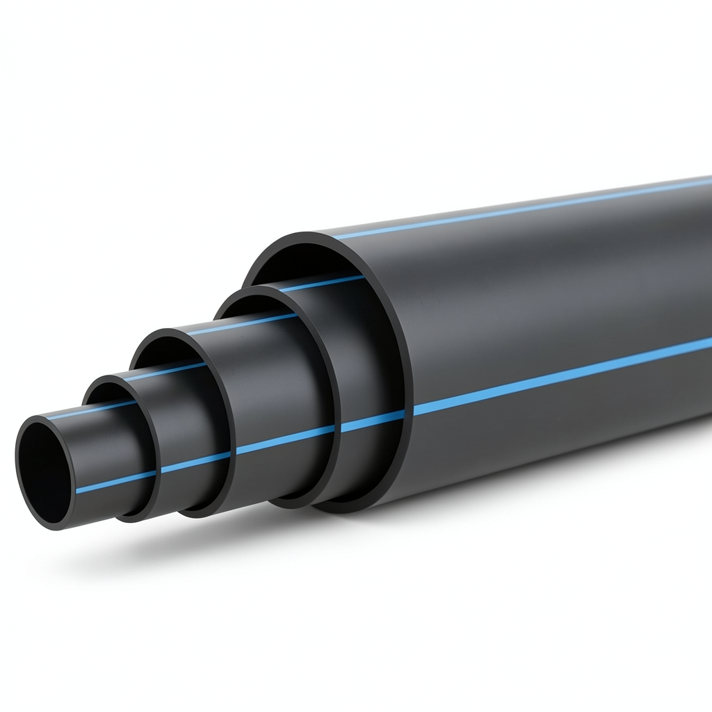 HDPE Polyethylene Plastic Pipe PN 4 Bar PE 100, 355 mm Diameter, SDR 41 Black with Blue Stripes
