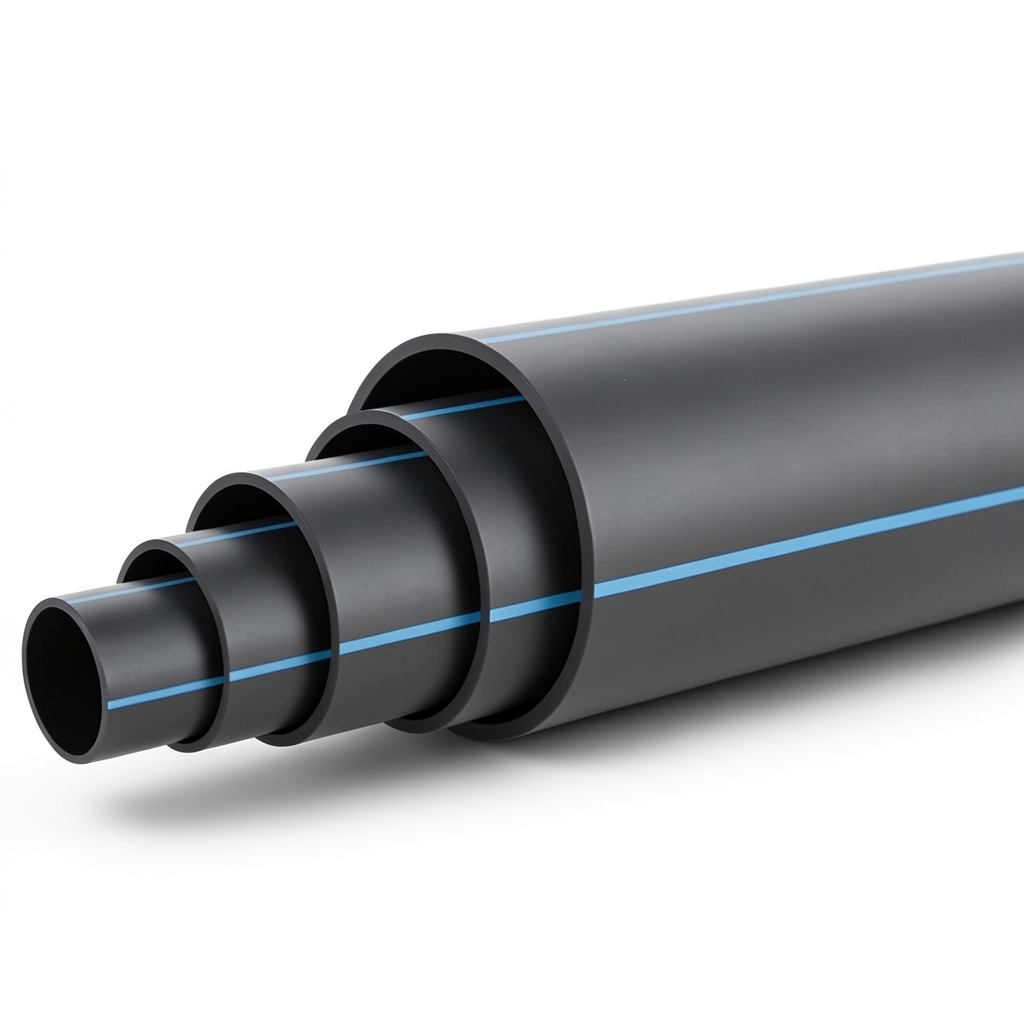 مواسير HDPE ضغط 16 بار PE 100 قطر خارجي 180 مم SDR 11 أسود مع خطوط زرقاء
