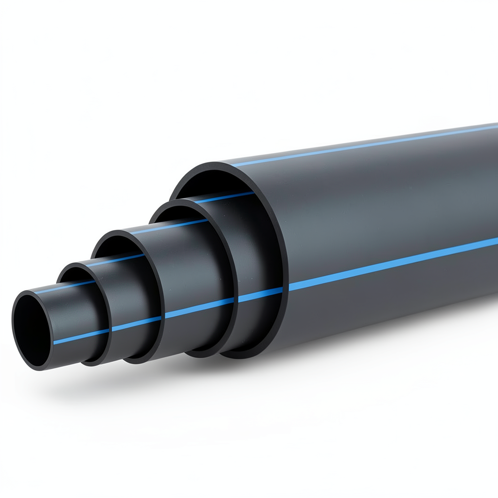 مواسير HDPE ضغط 6.3 بار [PE 100] قطر خارجي 225 مم SDR 26 لون أسود مع خط أزرق