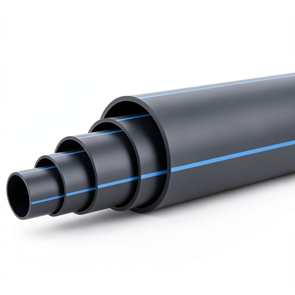 مواسير بلاستيك HDPE ضغط 6.3 بار PE 100 قطر خارجي 355 مم SDR 26 أسود مع خط أزرق
