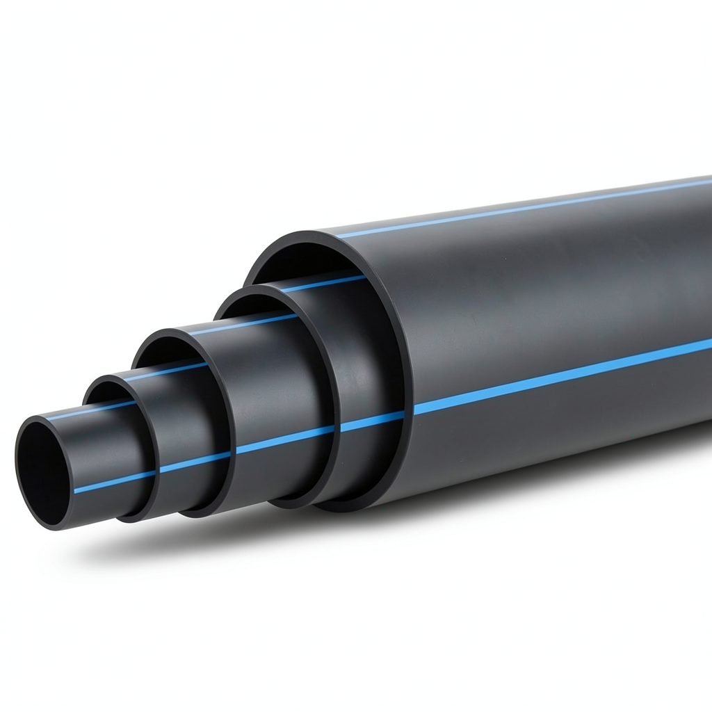 مواسير بلاستيك HDPE ضغط 6.3 بار PE 100 قطر خارجي 355 مم SDR 26 أسود مع خط أزرق