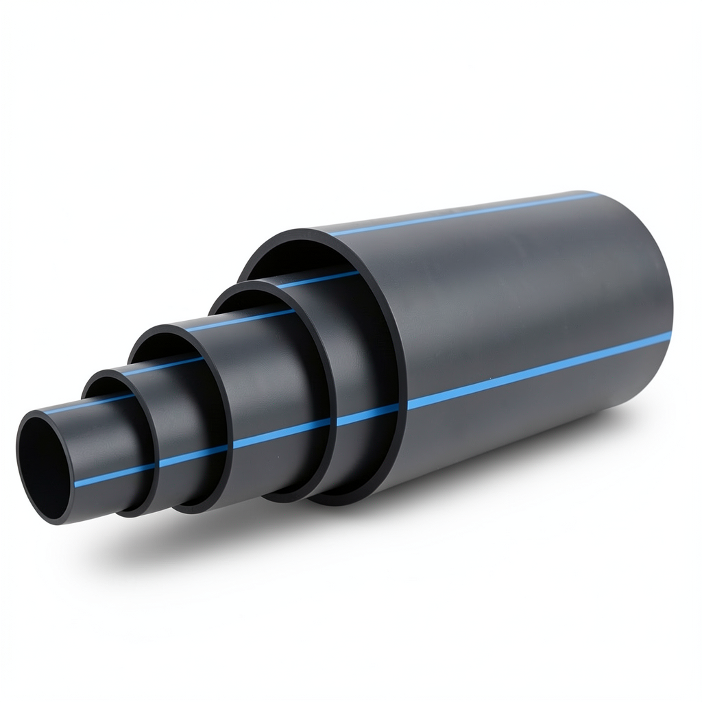 مواسير بلاستيك HDPE ضغط 6.3 بار PE 100، قطر خارجي 560 مم SDR 26 أسود مع خط أزرق