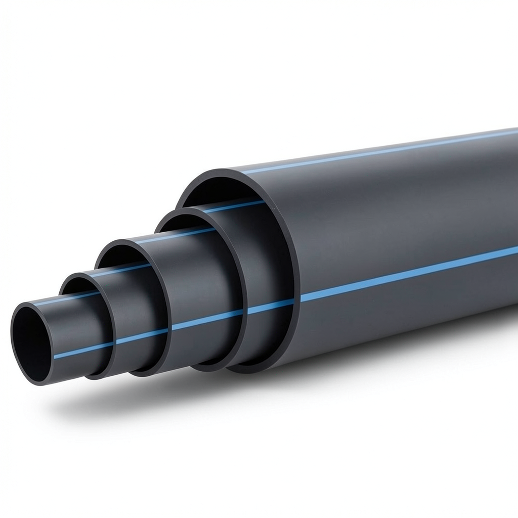 أنابيب بلاستيك HDPE ضغط 6.3 بار PE 100 قطر خارجي 630 مم SDR 26 أسود مع خط أزرق