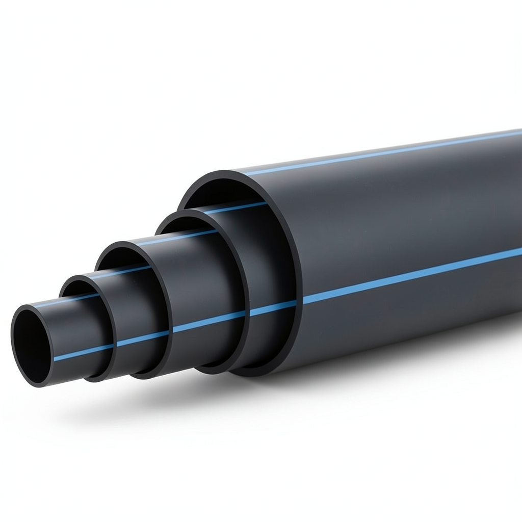 HDPE Polyethylene Plastic Pipe PN 6.3 Bar PE 100 450 mm SDR 26 Black with Blue Stripes