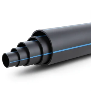 HDPE Polyethylene Plastic Pipe 10 Bar PE 100, 355 mm SDR 17 Black with Blue Stripes