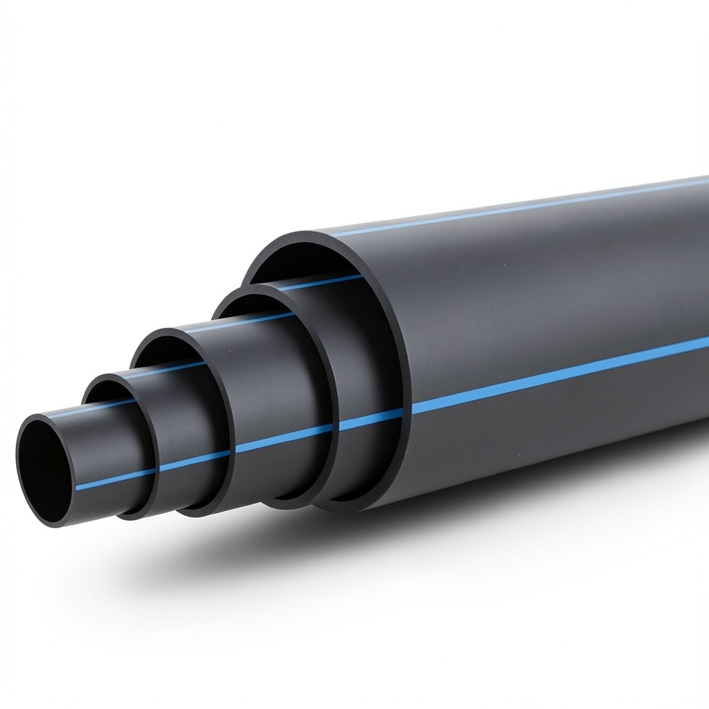 HDPE Polyethylene Plastic Pipe 10 Bar PE 100, 355 mm SDR 17 Black with Blue Stripes
