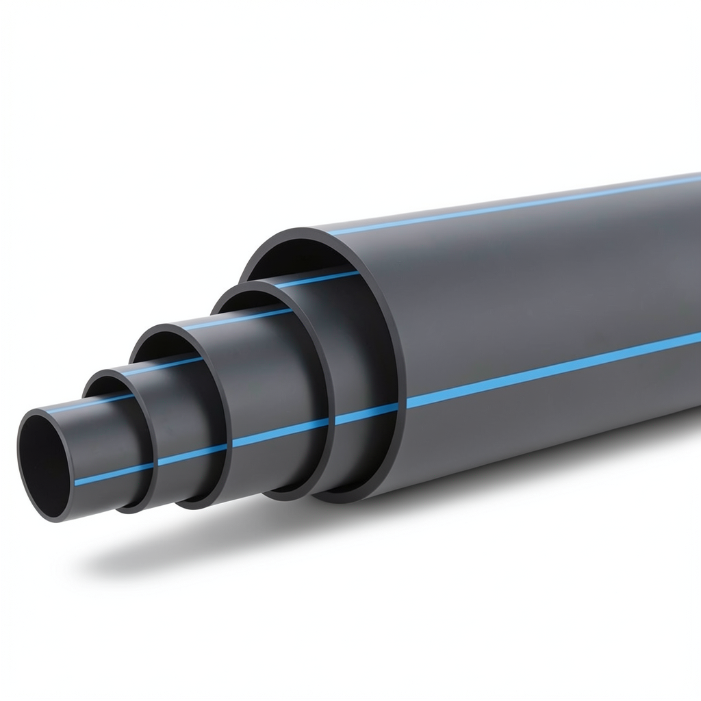 مواسير HDPE ضغط 10 بار PE 100 قطر خارجي 560 مم SDR 17 لون أسود مع خط أزرق