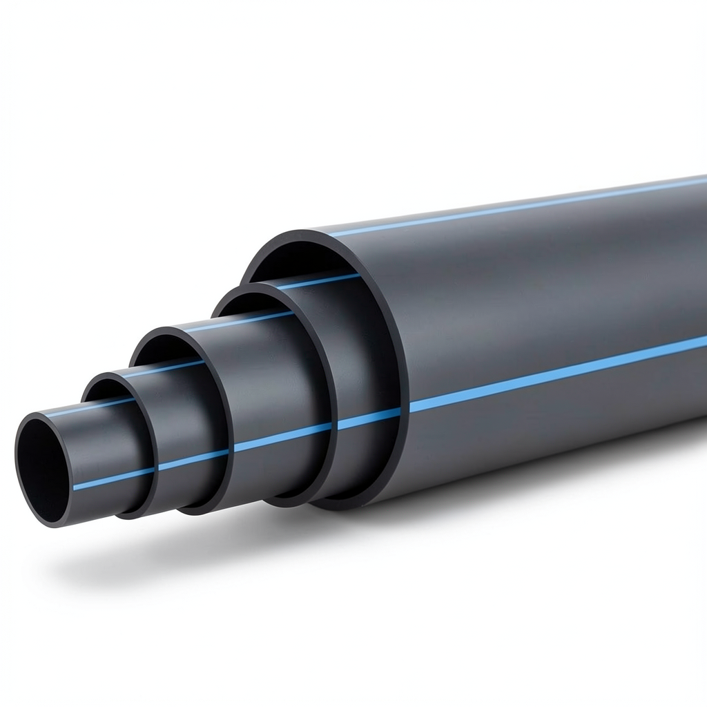 HDPE Polyethylene Plastic Pipe PN 10 Bar PE 100 Size 400 mm SDR 17 Black with Blue Stripes