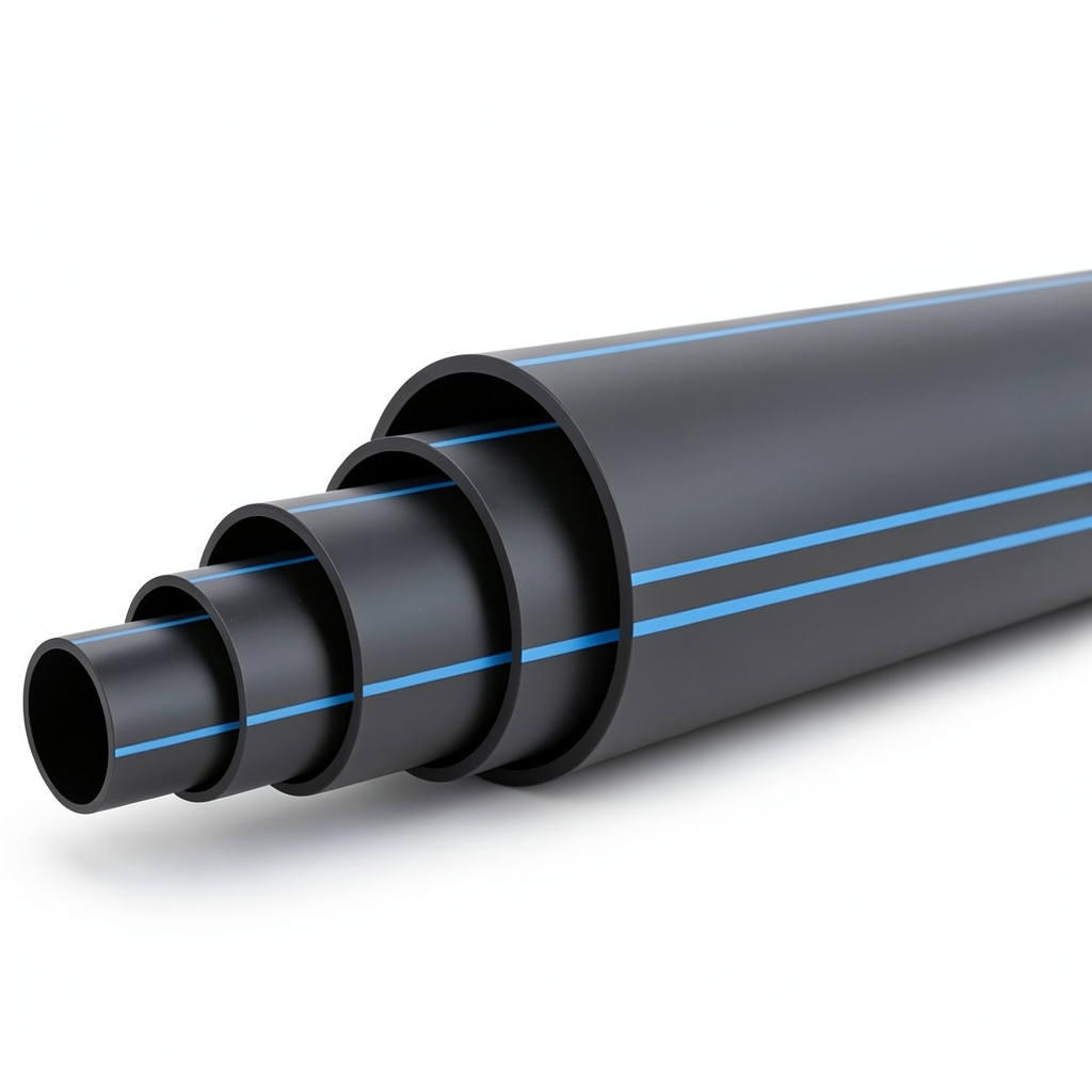 مواسير بلاستيك HDPE ضغط 10 بار PE 100 قطر خارجي 450 مم SDR 17 أسود مع خط أزرق