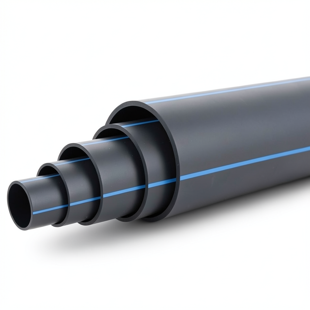 مواسير HDPE ضغط 16 بار PE 100 قطر خارجي 630 مم SDR 11 أسود مع خطوط زرقاء