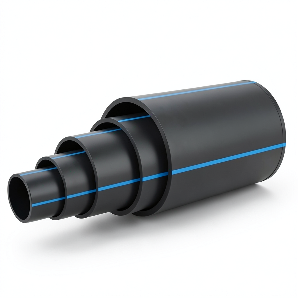 مواسير HDPE ضغط 16 بار PE 100 قطر خارجي 630 مم SDR 11 أسود مع خطوط زرقاء