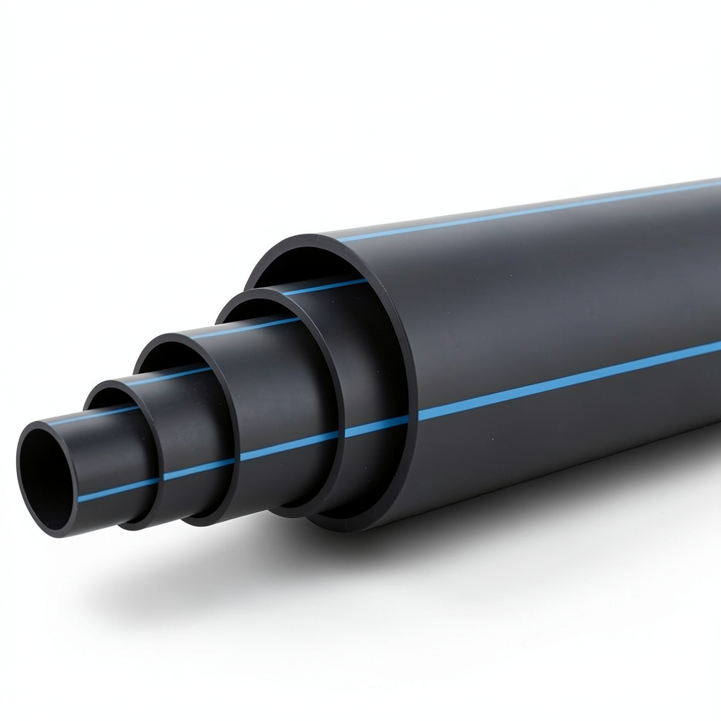 HDPE Plastic Pipe 20 Bar Nominal Pressure PE 100, 180 mm Diameter SDR 9 Black with Blue Stripes
