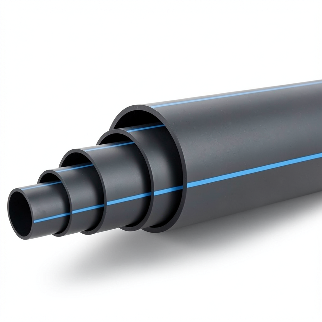 HDPE Polyethylene Pipe PN 20 Bar PE 100, 280 mm Diameter, SDR 9 Black with Blue Stripes