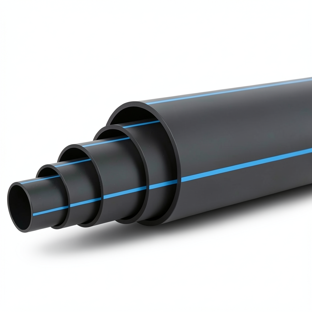 مواسير بلاستيك HDPE ضغط 20 بار PE 100، قطر خارجي 355 مم SDR 9، أسود مع خط أزرق