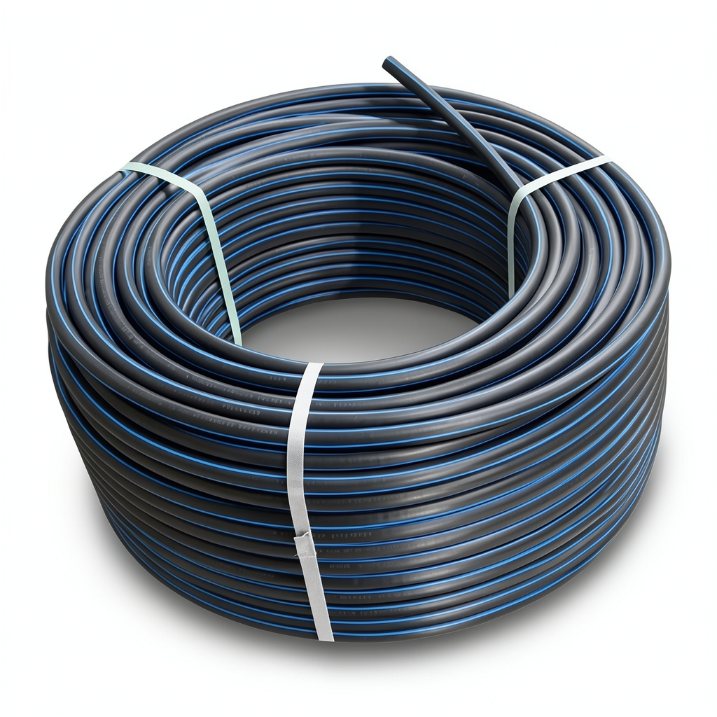 لفة أنابيب HDPE ضغط 16 بار PE 100 قطر خارجي 20 مم SDR 11 لون أسود مع خط أزرق