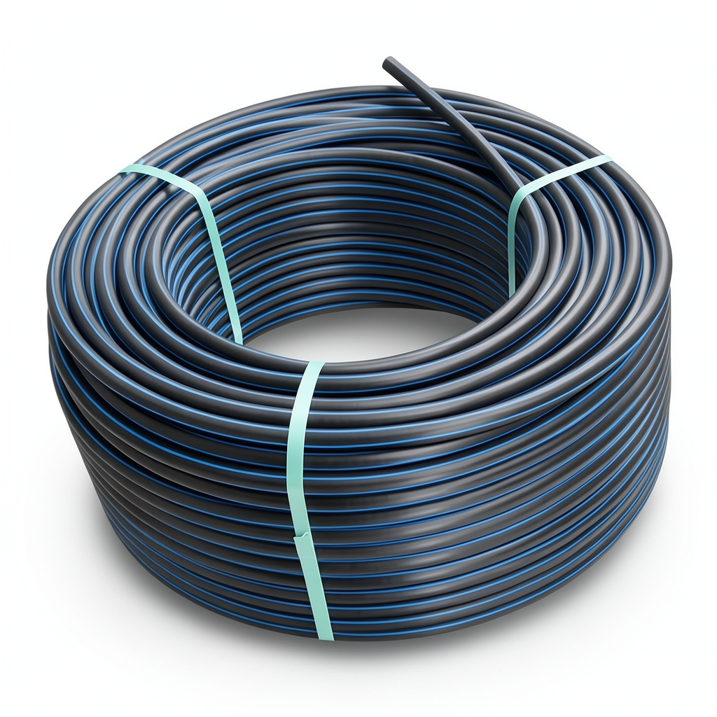 لفة أنابيب HDPE ضغط 16 بار PE 100 قطر خارجي 25 مم SDR 11 أسود مع خطوط زرقاء