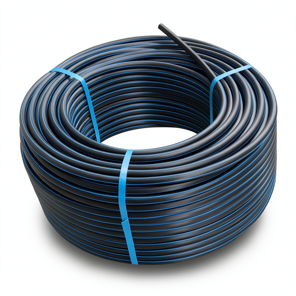 لفة أنابيب بلاستيك HDPE ضغط 16 بار PE 100، قطر خارجي 40 مم SDR 11، أسود مع خطوط زرقاء
