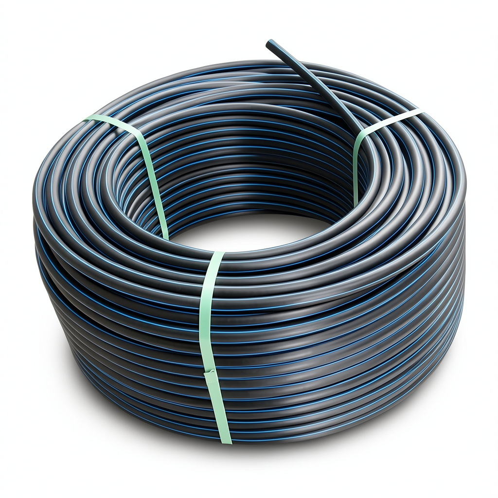 HDPE Plastic Coil Pipe Nominal Pressure 16 Bar PE 100 OD 50 mm SDR 11 Black with Blue Stripes