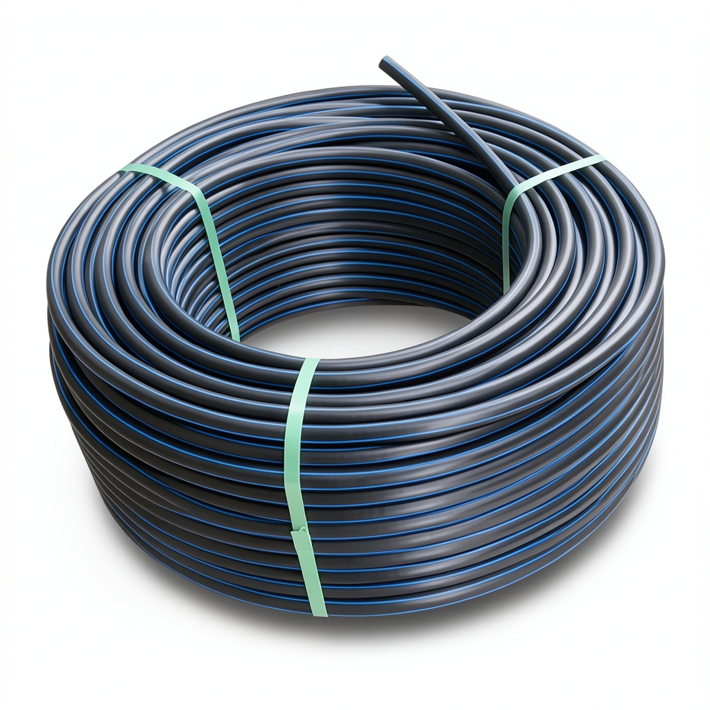لفة أنابيب HDPE ضغط 16 بار PE 100 قطر خارجي 20 مم SDR 11 لون أسود مع خط أزرق