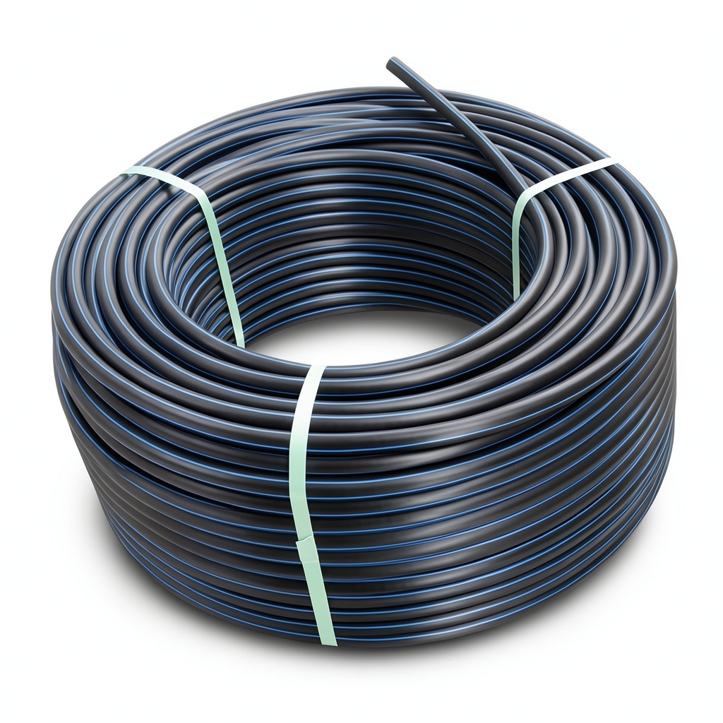 لفة أنابيب HDPE ضغط 16 بار PE 100 قطر خارجي 25 مم SDR 11 أسود مع خطوط زرقاء