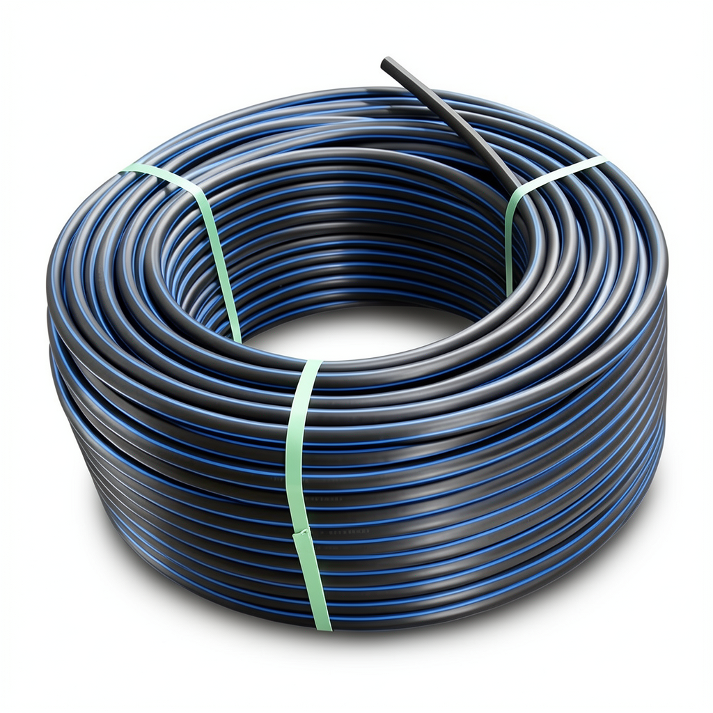 HDPE Plastic Coil Pipe PN 16 Bar PE 100, 110 mm SDR 11 Black with Blue Stripes